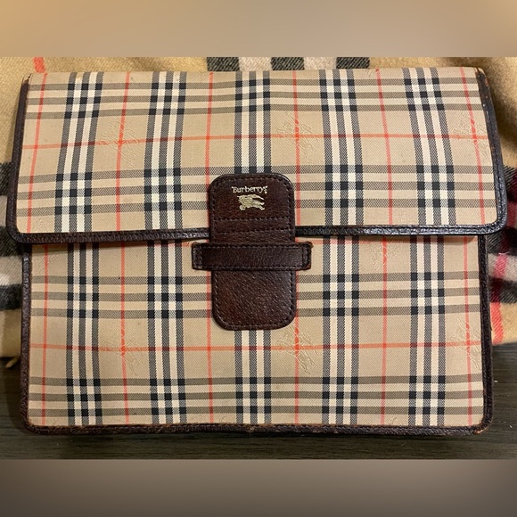 Burberry Beige and Red Checkered Briefcase